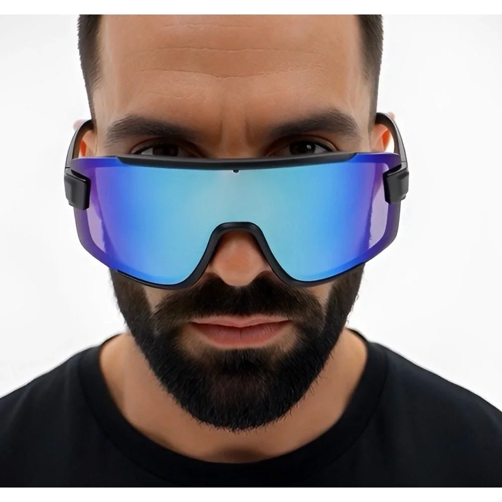 Oversized Shield Sunglasses Oceanic Blue Mirrored Lens Sport Wrap Shades Fashion